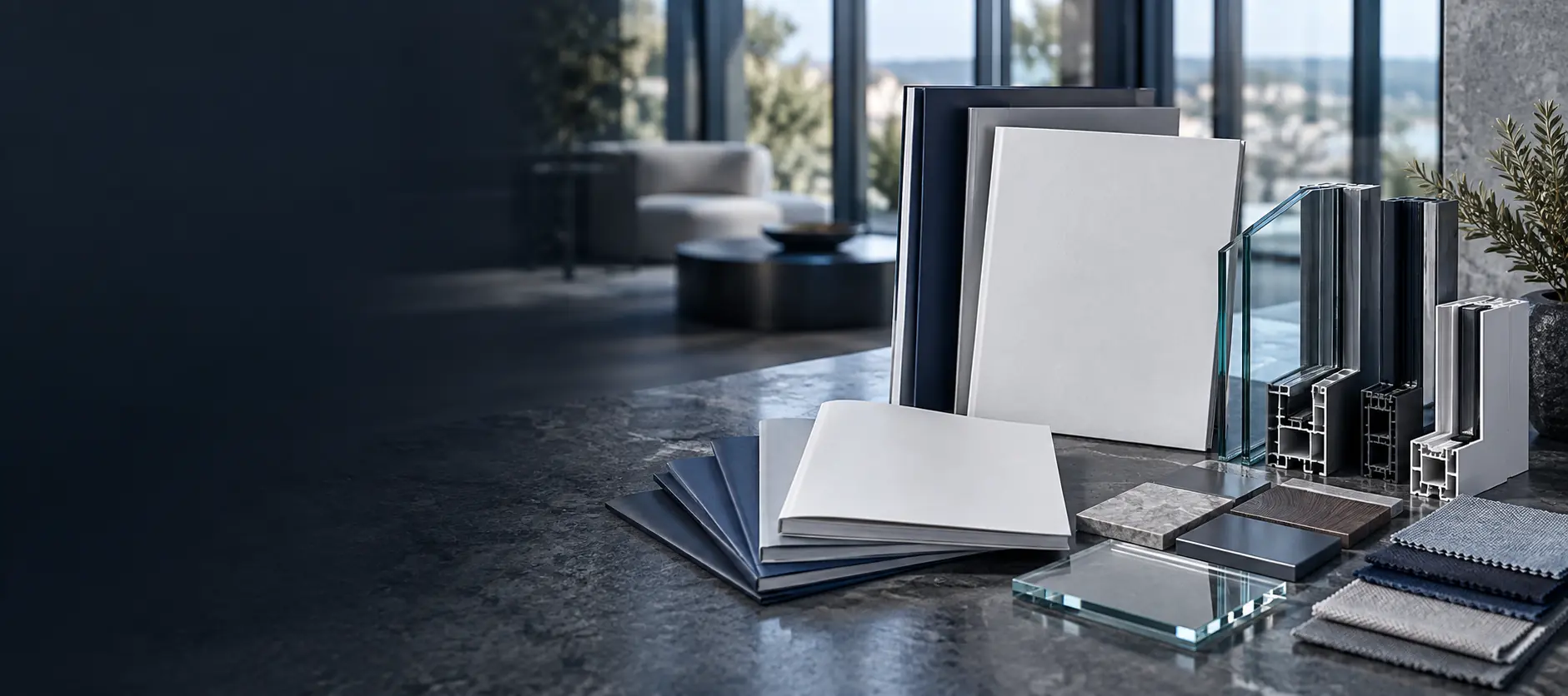 Katalogi i próbki materiałowe Roofex na stole architektonicznym